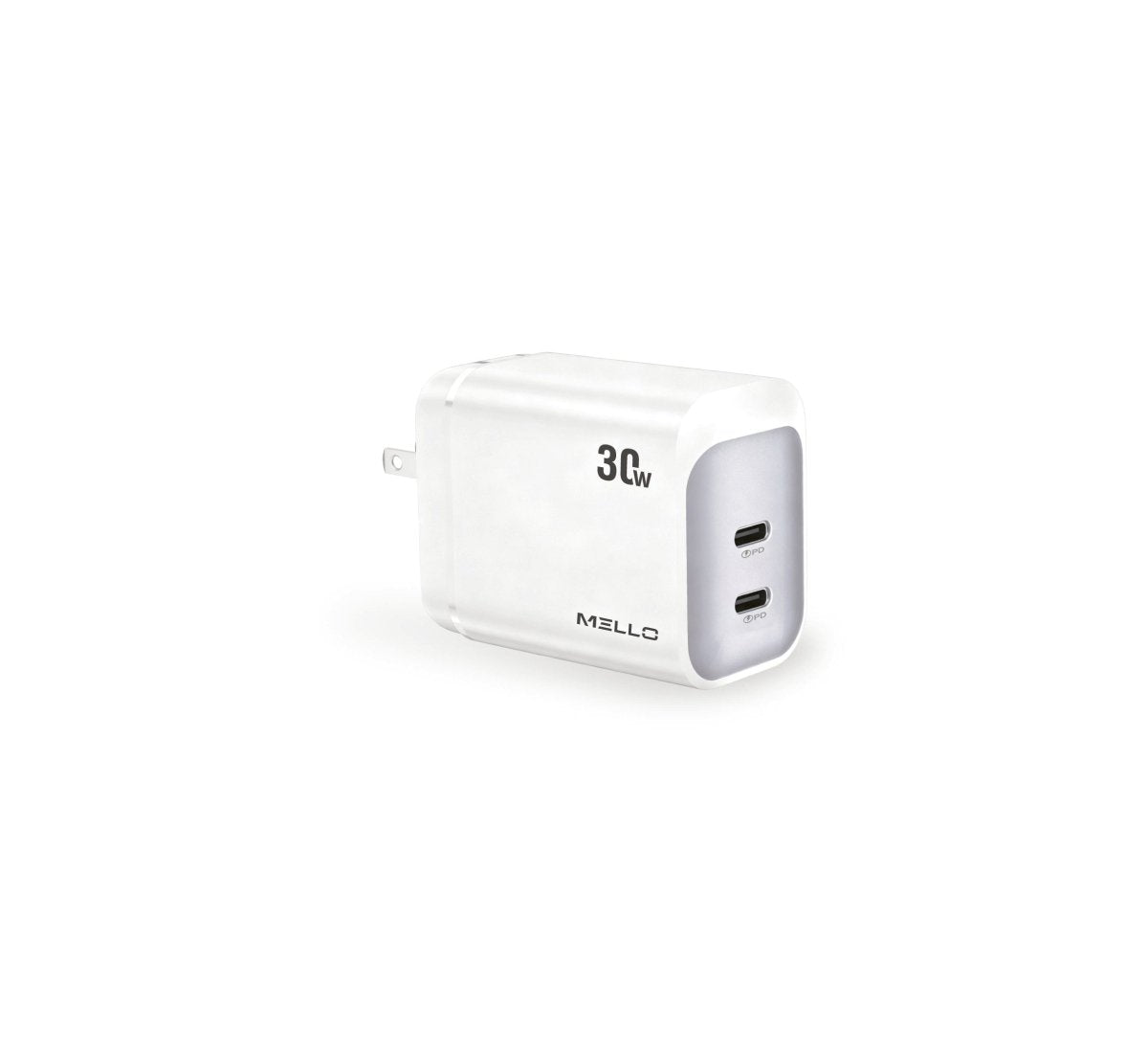 Mello SurgeMax X19 30W Dual USB-C Wall Charger – angled view of white dual USB-C charger