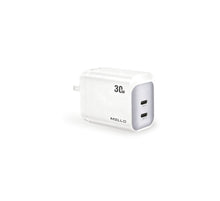 Mello SurgeMax X19 30W Dual USB-C Wall Charger – angled view of white dual USB-C charger