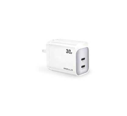 Mello SurgeMax X19 30W Dual USB-C Wall Charger – angled view of white dual USB-C charger