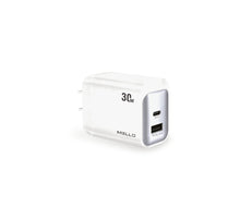 Mello SurgeMax X20 30W Dual-Port Wall Charger – USB-C + USB-A, Slim – angled view of white slim charger