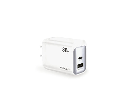 Mello SurgeMax X20 30W Dual-Port Wall Charger – USB-C + USB-A, Slim – angled view of white slim charger