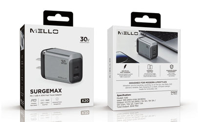 Mello SurgeMax X20 30W Dual-Port Wall Charger – USB-C + USB-A, Slim – gray charger in retail box, front and back