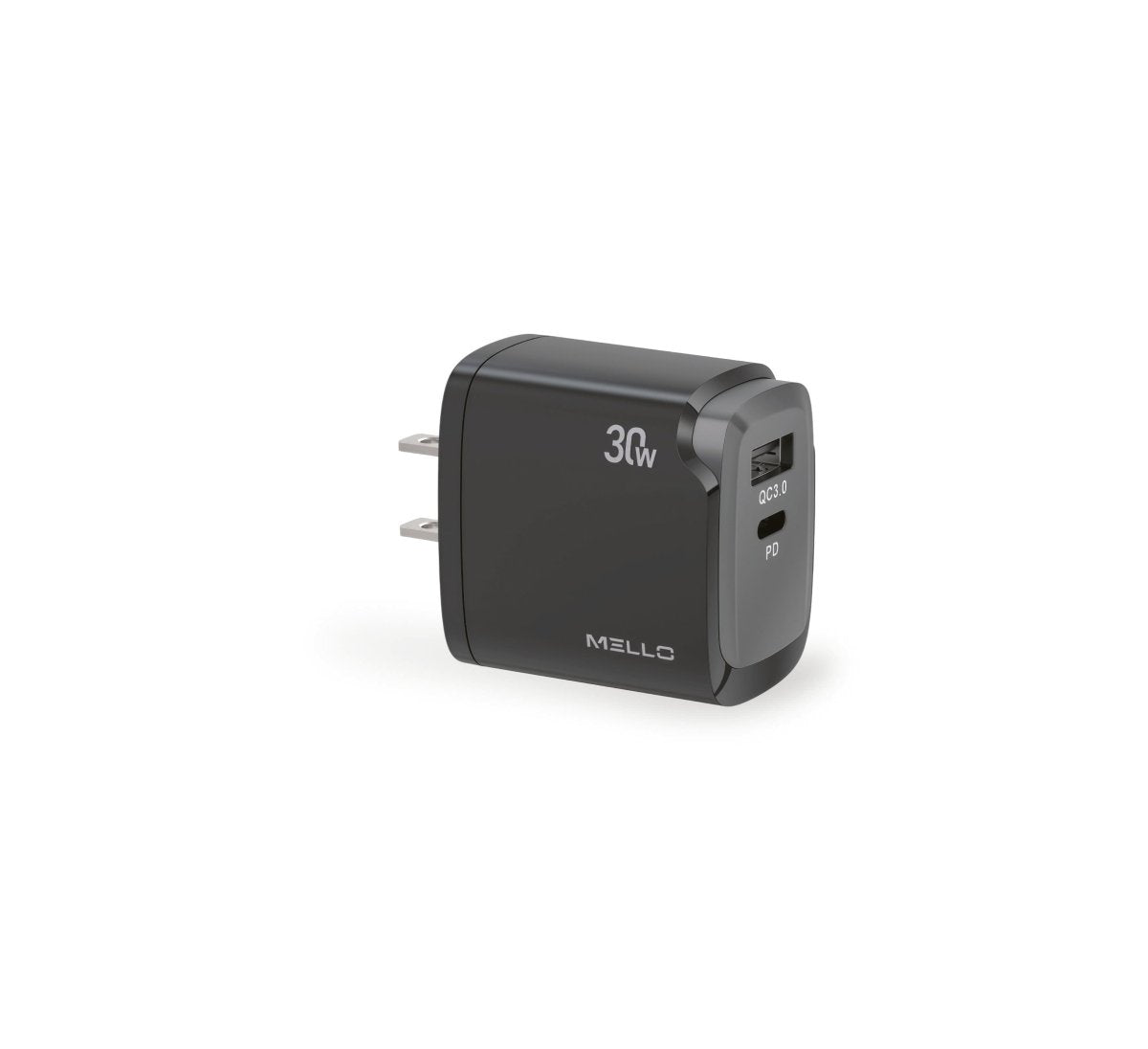 Mello SurgeMax X21 30W Wall Charger – USB-C + USB-A Travel Charger – angled view of black charger