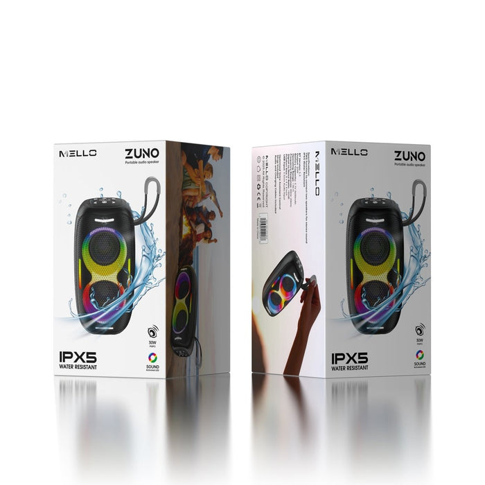 Mello Zuno Dual-Driver Bluetooth Speaker – Portable IPX5 Wireless Speaker with RGB Lights, Black