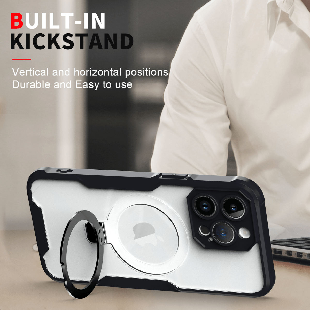 Military Grade Clear Case with MagSafe Ring Kickstand - Black for iPhone 15 Pro Phone Case - Pro iPhone Repair