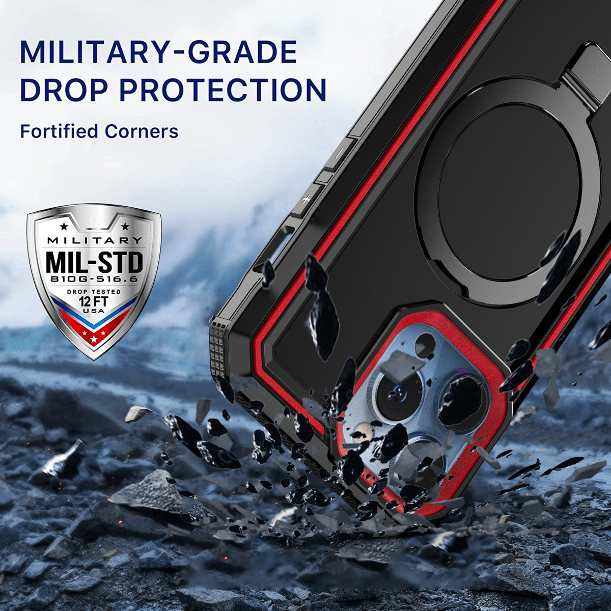 Military Grade Rugged Case with MagSafe Ring Kickstand - Black for iPhone 15 Pro Phone Case - Pro iPhone Repair
