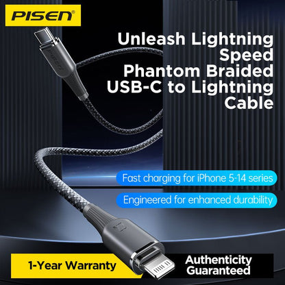 NoirSync USB-C to Lightning Cable (27W) PISEN PD Fast-Charging iPhone Cable, Grey (CL-FC16-1000) - Pro iPhone Repair
