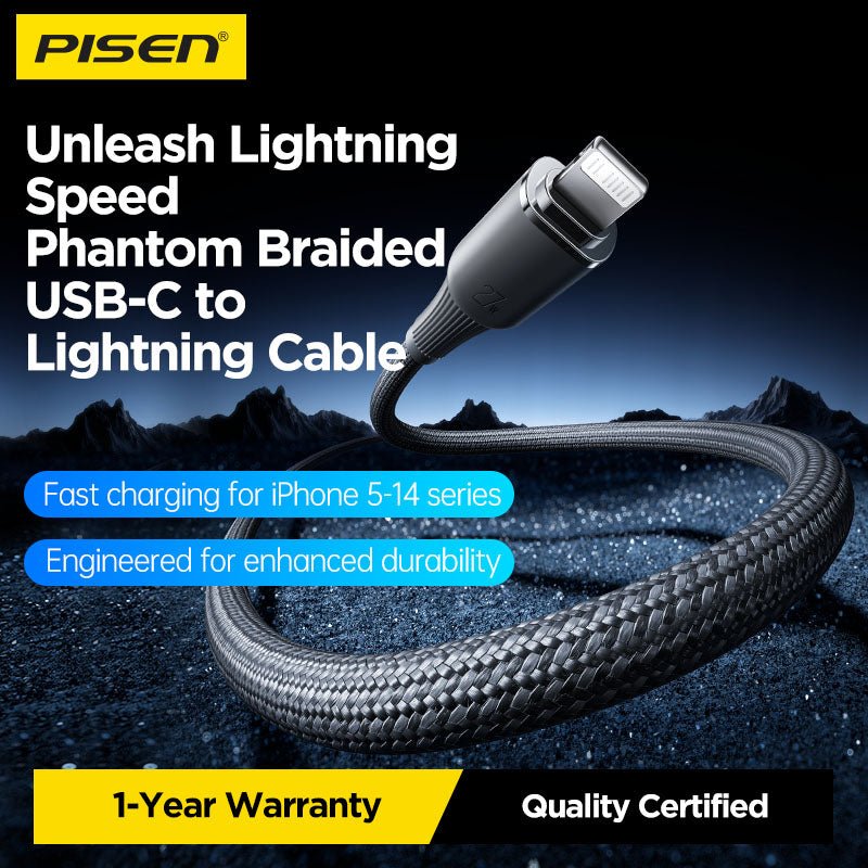 NoirSync USB-C to Lightning Cable (27W) PISEN PD Fast-Charging iPhone Cable, Grey (CL-FC16-1000) - Pro iPhone Repair