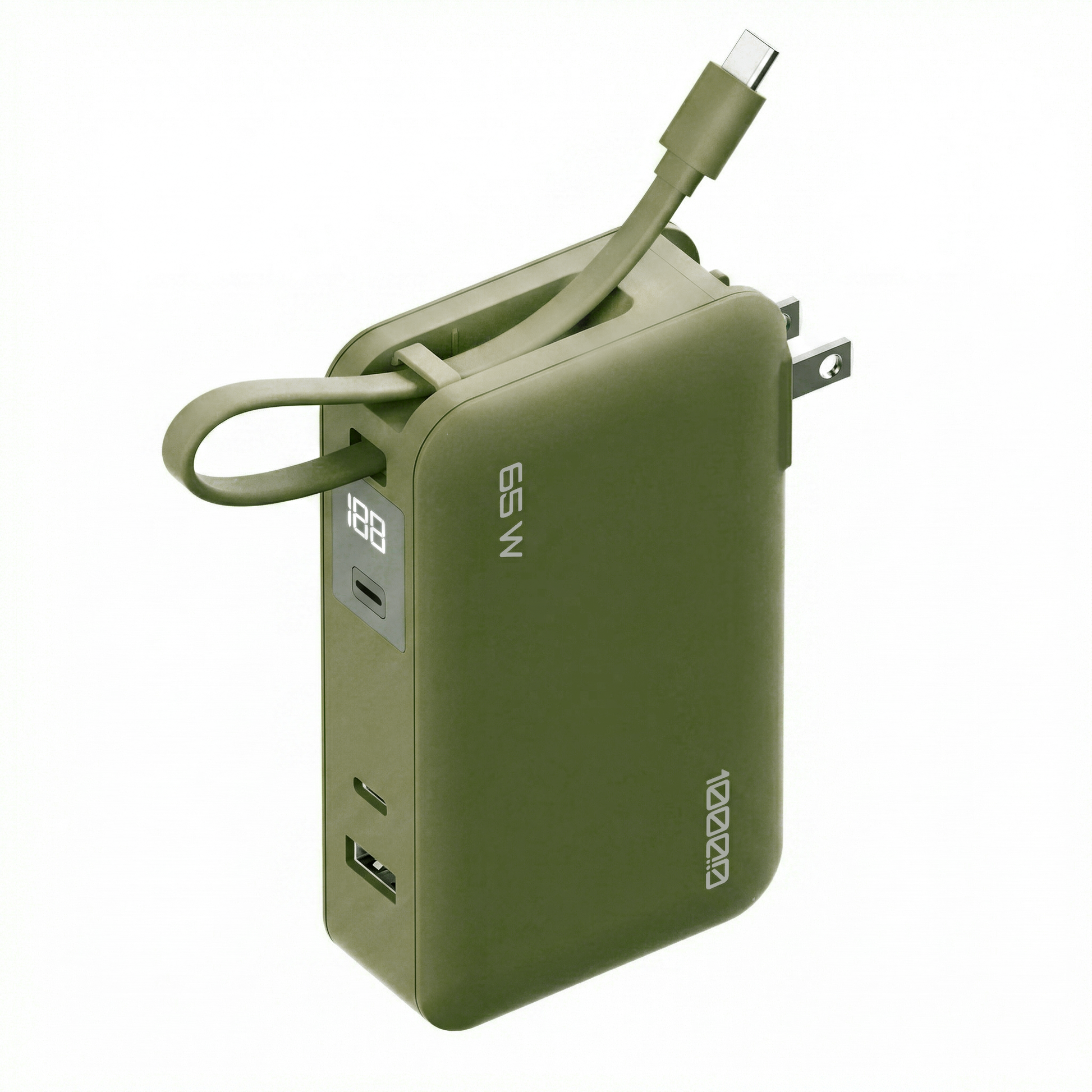 Olive Flex 65W power bank with the integrated USB-C cable extended