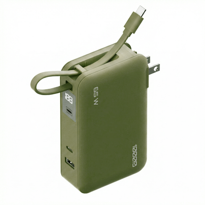 Olive Flex 65W power bank with the integrated USB-C cable extended