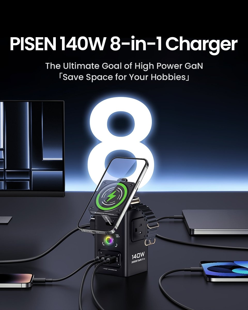 PISEN 140W GaN MagStation 8-in-1 Charging Hub – Magnetic Wireless Desktop Power Socket (KF27) - Pro iPhone Repair