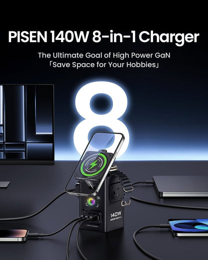 PISEN 140W GaN MagStation 8-in-1 Charging Hub – Magnetic Wireless Desktop Power Socket (KF27) - Pro iPhone Repair