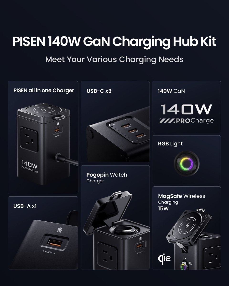PISEN 140W GaN MagStation 8-in-1 Charging Hub – Magnetic Wireless Desktop Power Socket (KF27) - Pro iPhone Repair