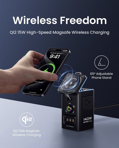 PISEN 140W GaN MagStation 8-in-1 Charging Hub – Magnetic Wireless Desktop Power Socket (KF27) - Pro iPhone Repair