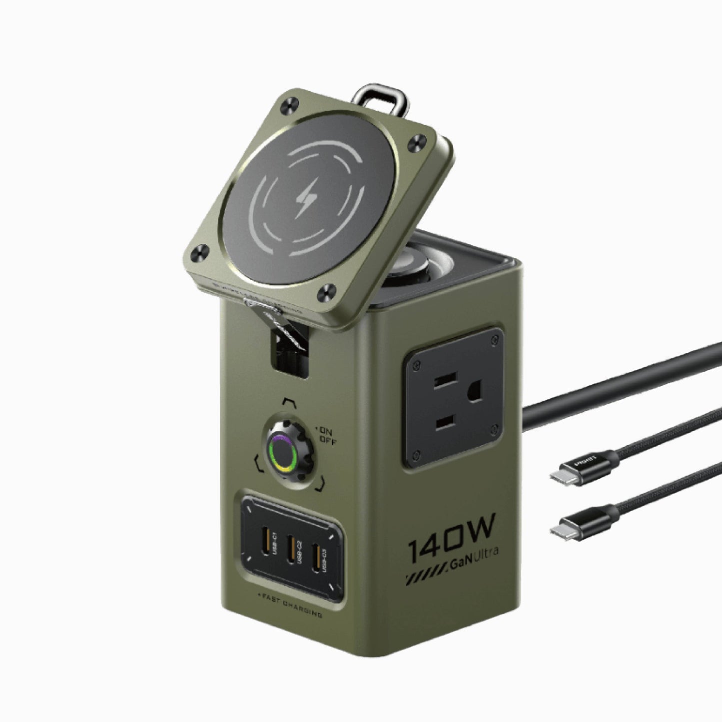 PISEN 140W GaN MagStation KF27 charging hub in olive green with flip-up MagSafe pad, AC outlet and USB-C cables