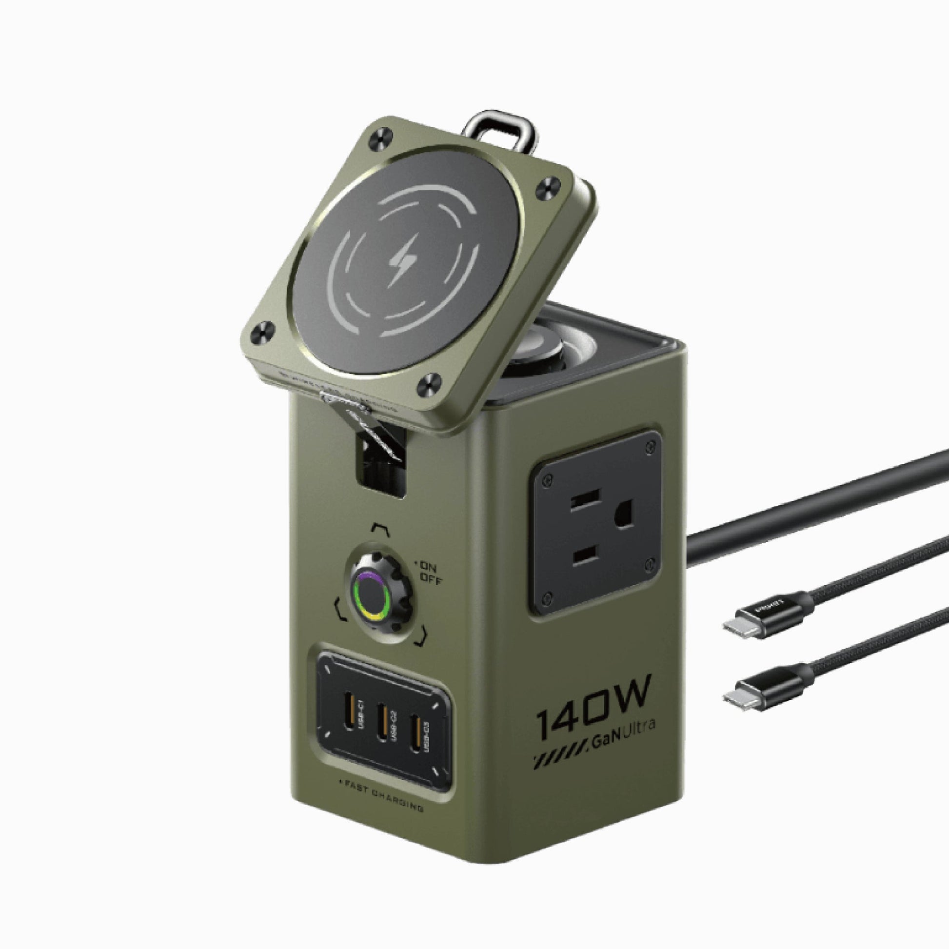 PISEN 140W GaN MagStation KF27 charging hub in olive green with flip-up MagSafe pad, AC outlet and USB-C cables