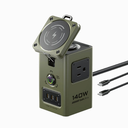PISEN 140W GaN MagStation KF27 charging hub in olive green with flip-up MagSafe pad, AC outlet and USB-C cables