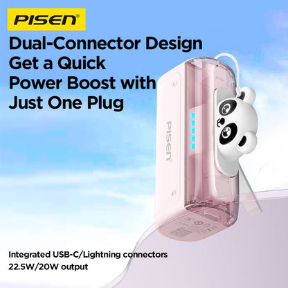 Pink PISEN TP-D139 power bank showing built-in USB-C and Lightning dual connectors, 22.5W/20W output