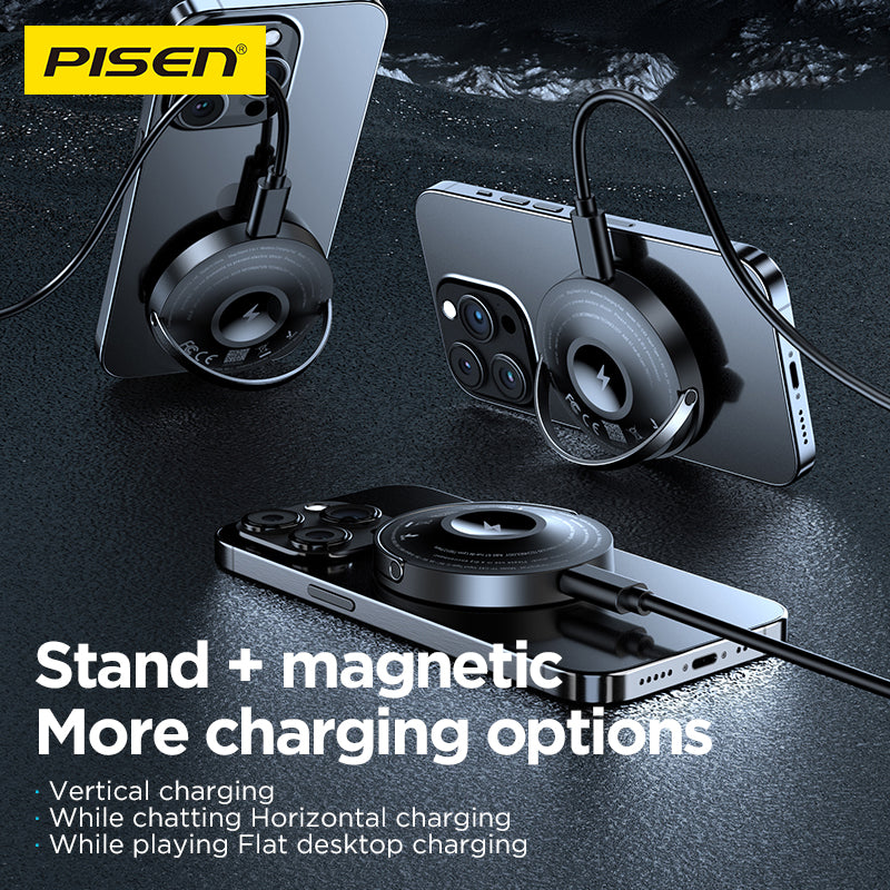 PISEN TP-C43 magnetic wireless charger used as vertical stand, horizontal stand and flat desktop charger