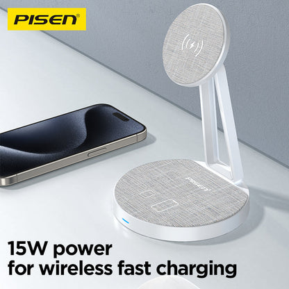 PISEN TP-C30 white wireless charging stand on a desk next to an iPhone, 15W fast charging graphic