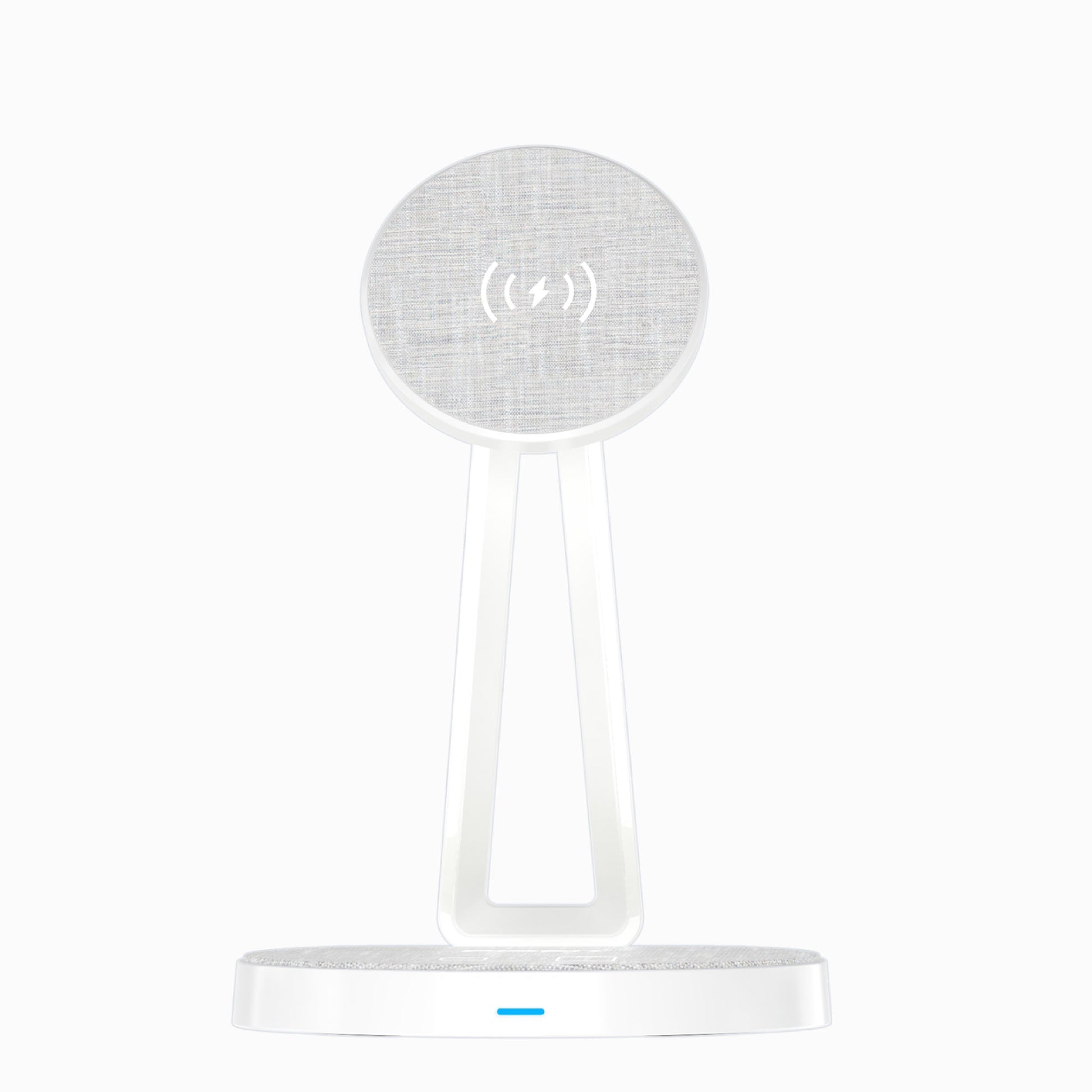 White PISEN TP-C30 2-in-1 wireless charging stand with fabric pads and LED indicator, front view