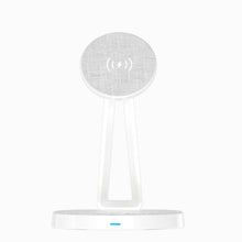 White PISEN TP-C30 2-in-1 wireless charging stand with fabric pads and LED indicator, front view