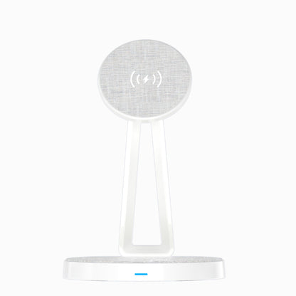 White PISEN TP-C30 2-in-1 wireless charging stand with fabric pads and LED indicator, front view