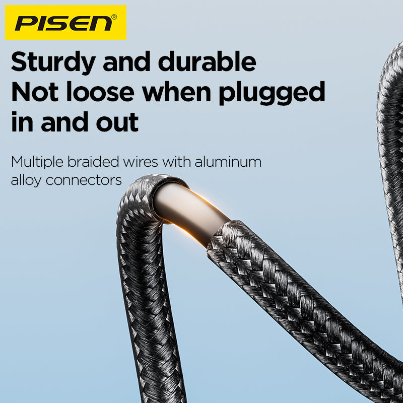 Close-up of PISEN 3-in-1 cable braided nylon jacket and aluminum connector, durability graphic