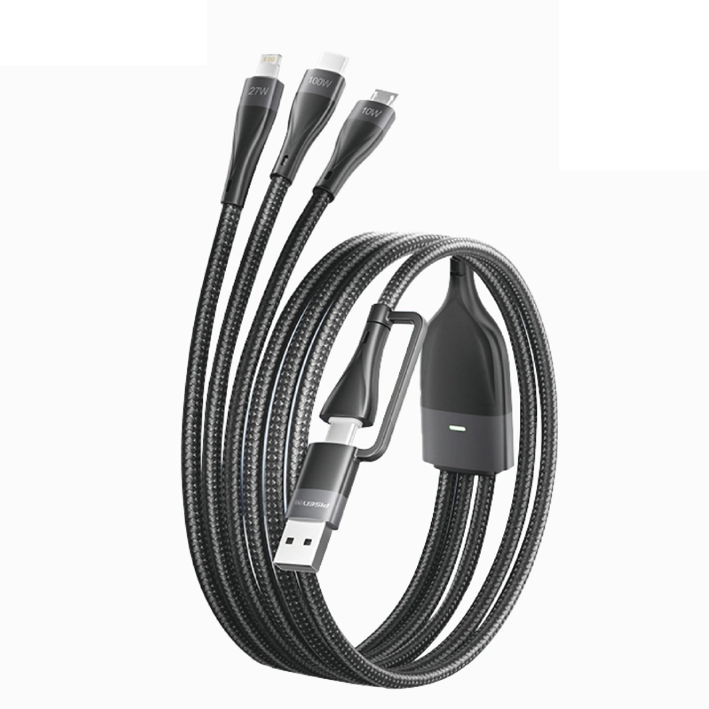 Coiled PISEN 3-in-1 braided charging cable showing three connector tips and dual USB-A/USB-C plug