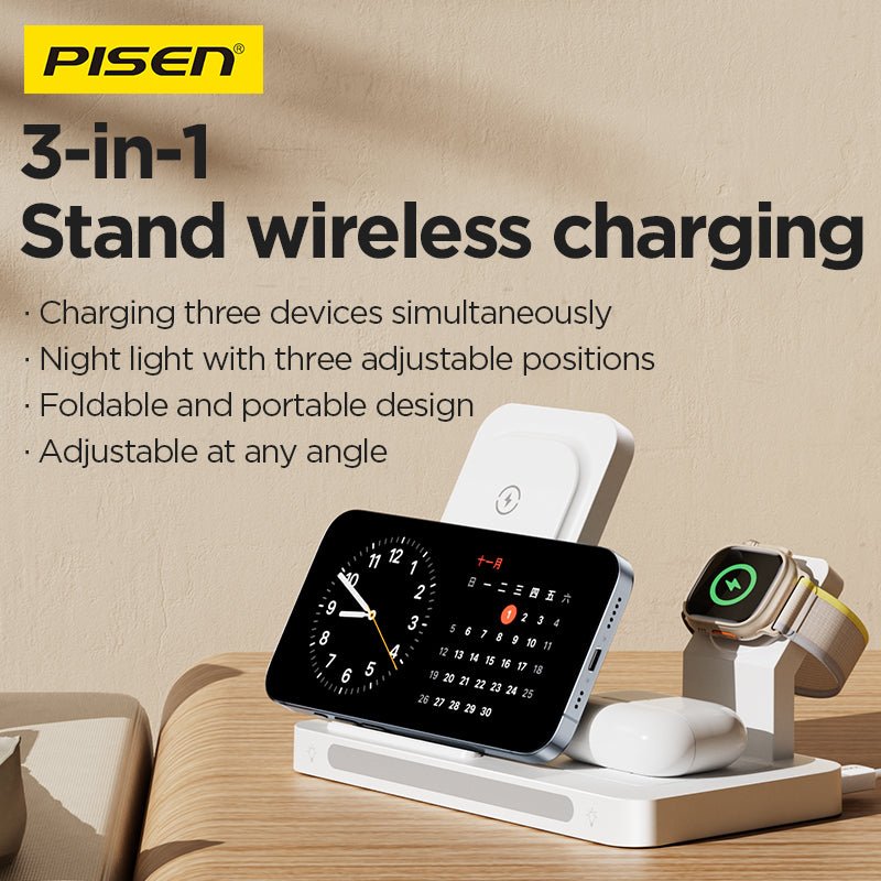PISEN 3-in-1 Foldable Wireless Charging Station – MagSafe Dock with Night Light, White (XY-C56) - Pro iPhone Repair