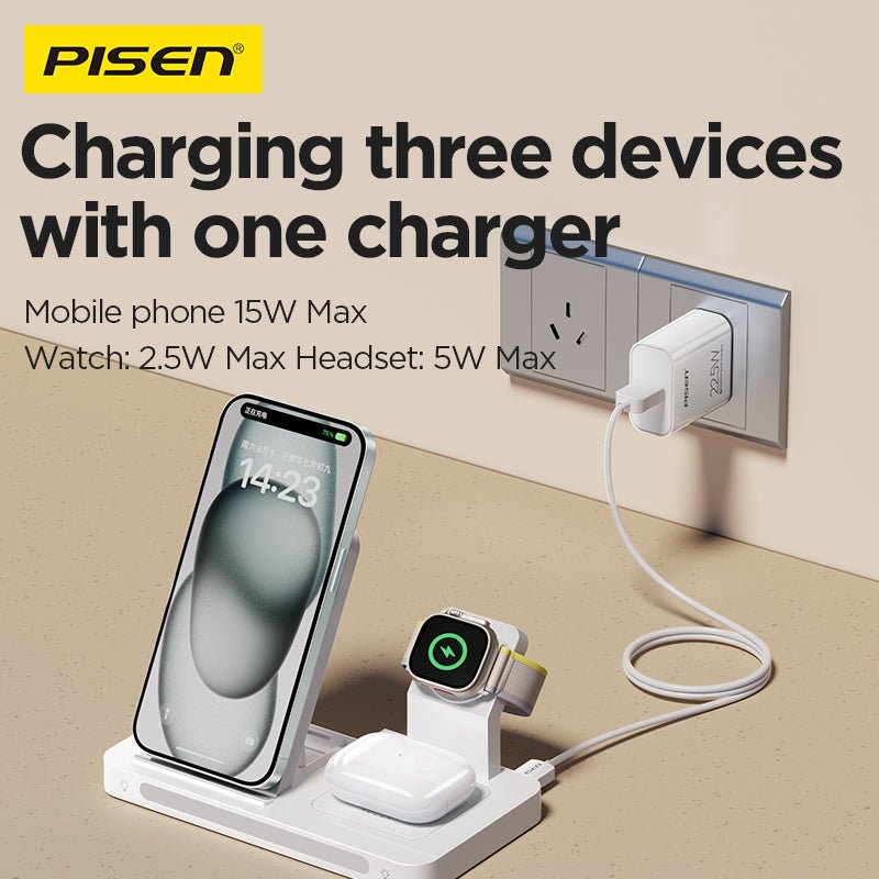 PISEN 3-in-1 Foldable Wireless Charging Station – MagSafe Dock with Night Light, White (XY-C56) - Pro iPhone Repair