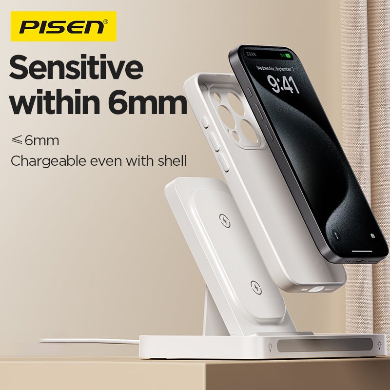 PISEN 3-in-1 Foldable Wireless Charging Station – MagSafe Dock with Night Light, White (XY-C56) - Pro iPhone Repair