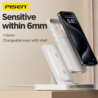 iPhone in a case charging on white PISEN XY-C56 station, sensitive within 6mm through-case graphic