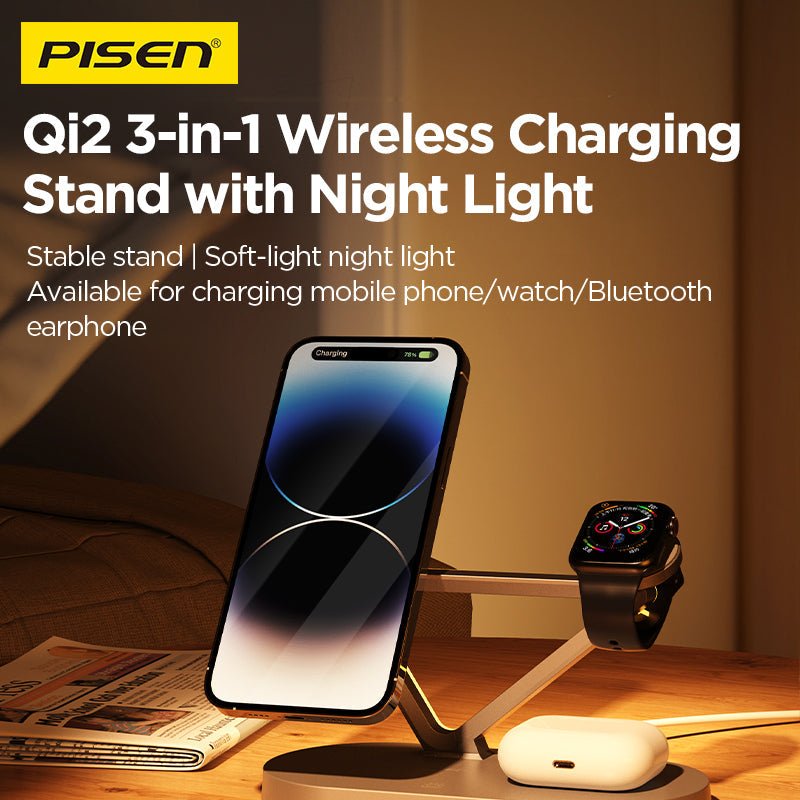 PISEN 3-in-1 Qi2 Wireless Charging Stand – MagSafe Dock with Night Light (TP-C24) - Pro iPhone Repair