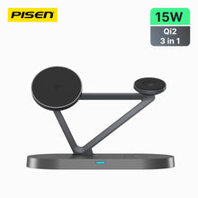 PISEN TP-C24 15W Qi2 3-in-1 wireless charging stand in black with magnetic phone pad, front view