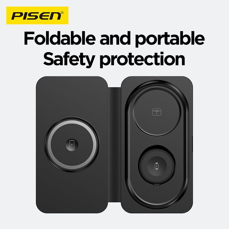 PISEN 3-in-1 Travel Magnetic Wireless Charger – Foldable MagSafe Charger for Phone, Watch & Earbuds (F6) - Pro iPhone Repair
