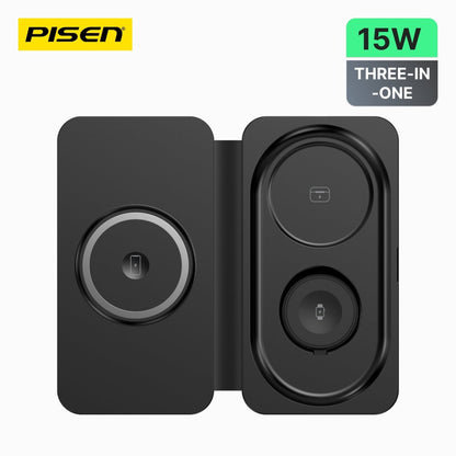 PISEN 3-in-1 Travel Magnetic Wireless Charger – Foldable MagSafe Charger for Phone, Watch & Earbuds (F6) - Pro iPhone Repair