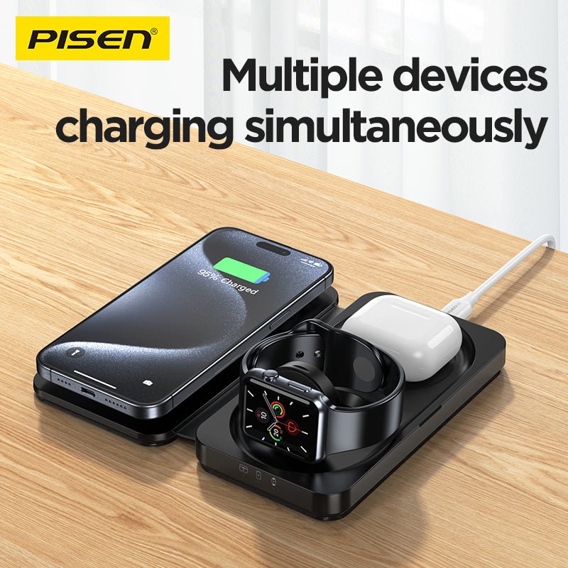 PISEN 3-in-1 Travel Magnetic Wireless Charger – Foldable MagSafe Charger for Phone, Watch & Earbuds (F6) - Pro iPhone Repair