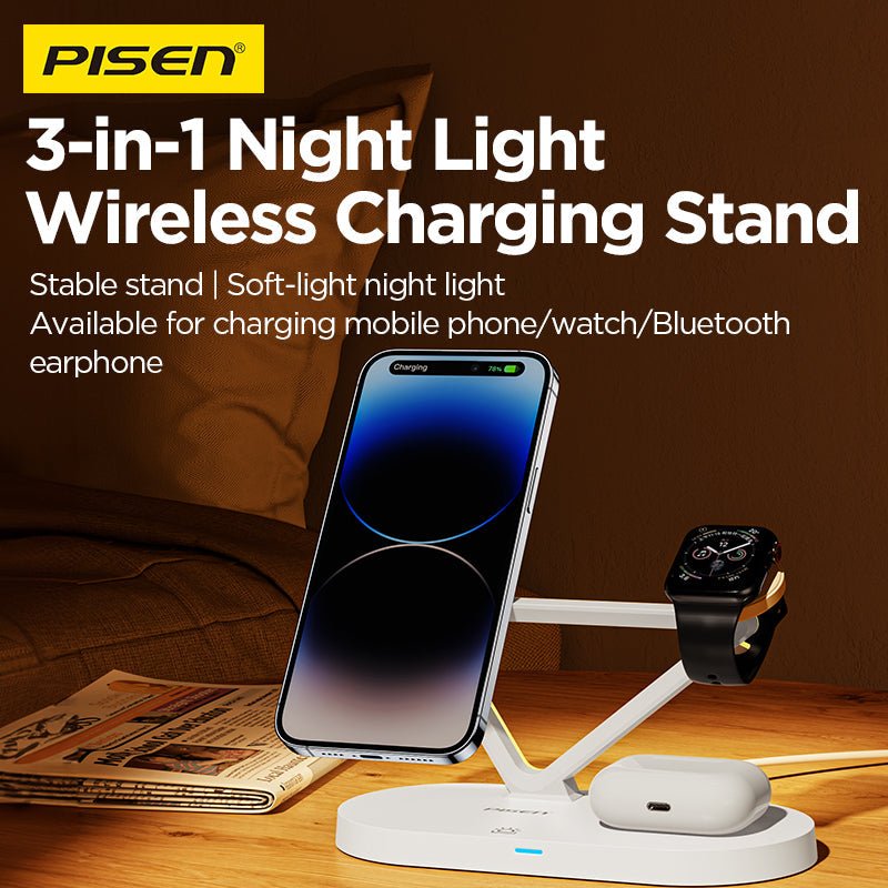 PISEN 3-in-1 Wireless Charging Stand with Night Light – MagSafe Dock for Phone, Watch & Earbuds (TP-C24) - Pro iPhone Repair