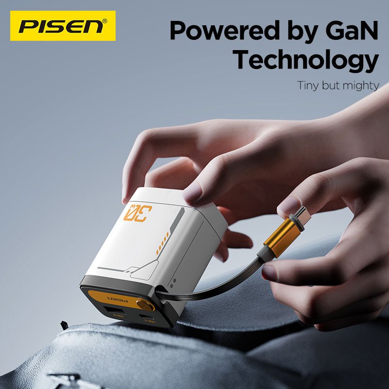 PISEN 30W GaN Retractable Cable Charger – USB-C Fast Wall Charger with Built-In Cable (TP-C82) - Pro iPhone Repair