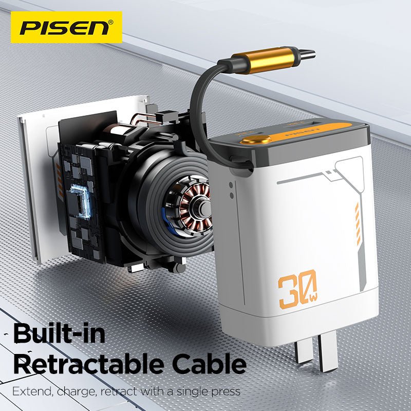 PISEN 30W GaN Retractable Cable Charger – USB-C Fast Wall Charger with Built-In Cable (TP-C82) - Pro iPhone Repair