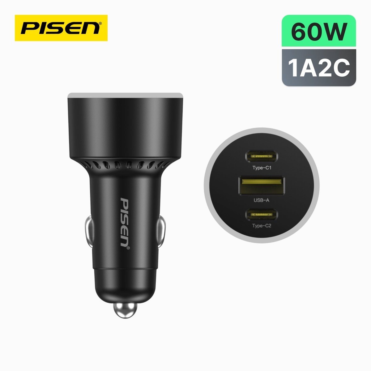 PISEN 60W Car Charger – 3-Port 2C1A Fast-Charging Adapter, Black (TP-C79) - Pro iPhone Repair
