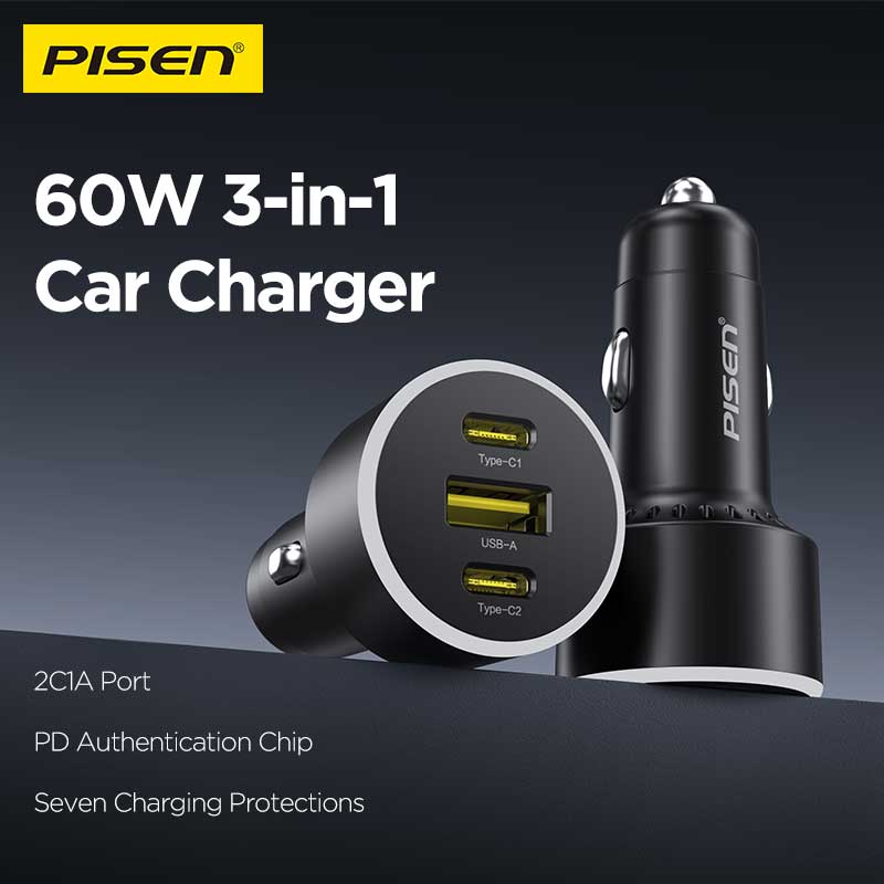 PISEN 60W Car Charger – 3-Port 2C1A Fast-Charging Adapter, Black (TP-C79) - Pro iPhone Repair