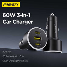 PISEN 60W Car Charger – 3-Port 2C1A Fast-Charging Adapter, Black (TP-C79) - Pro iPhone Repair