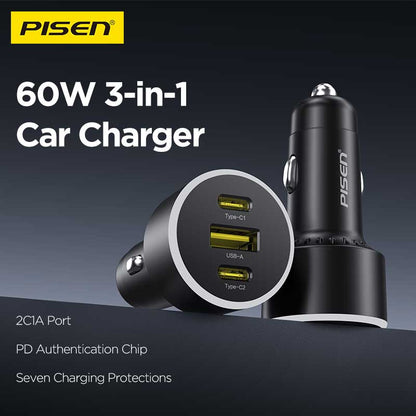 PISEN 60W Car Charger – 3-Port 2C1A Fast-Charging Adapter, Black (TP-C79) - Pro iPhone Repair