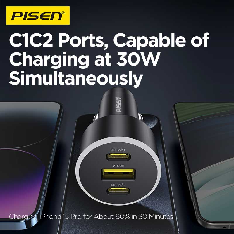 PISEN 60W Car Charger – 3-Port 2C1A Fast-Charging Adapter, Black (TP-C79) - Pro iPhone Repair