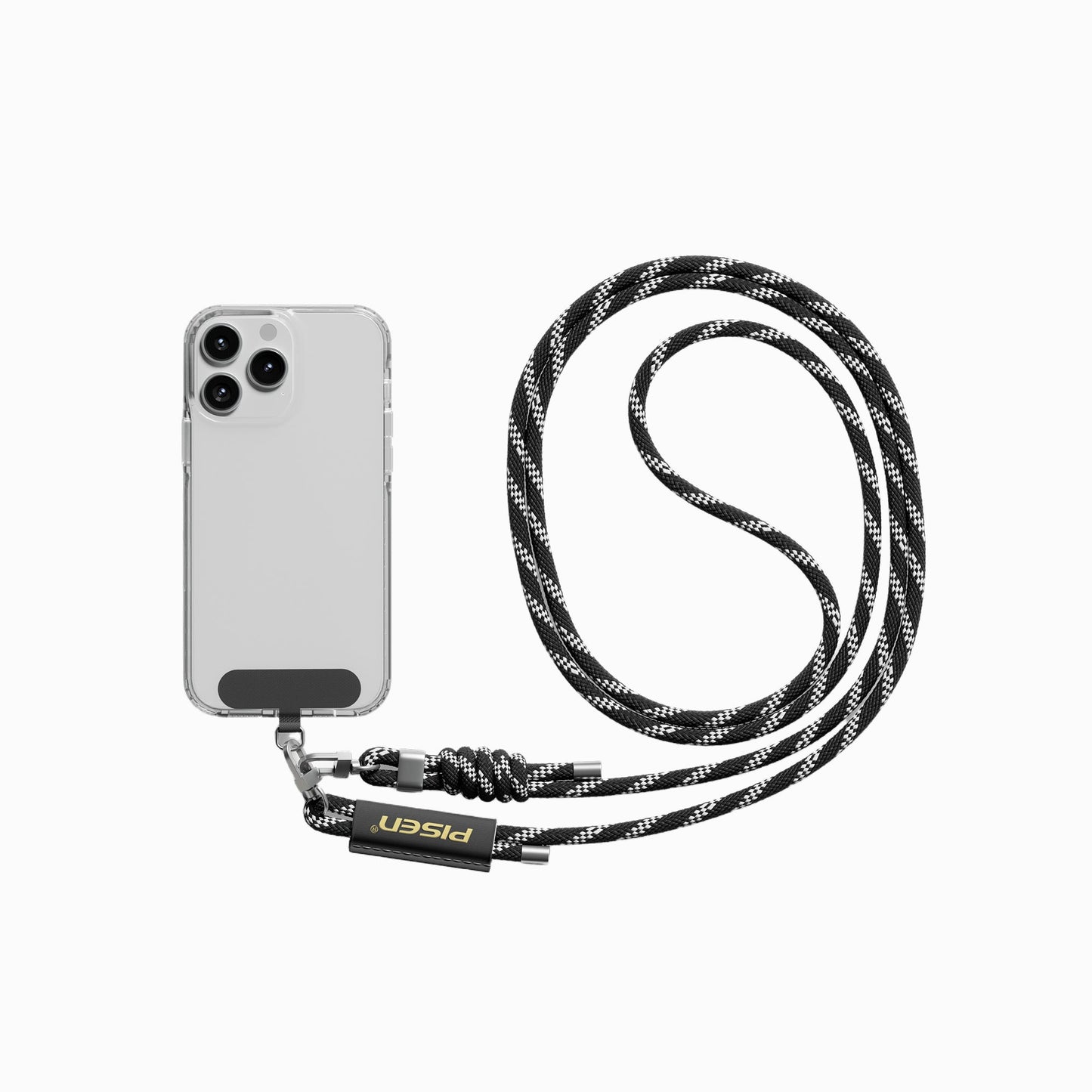 Black weave PISEN braided lanyard attached to a clear phone case via the anchor patch and clip