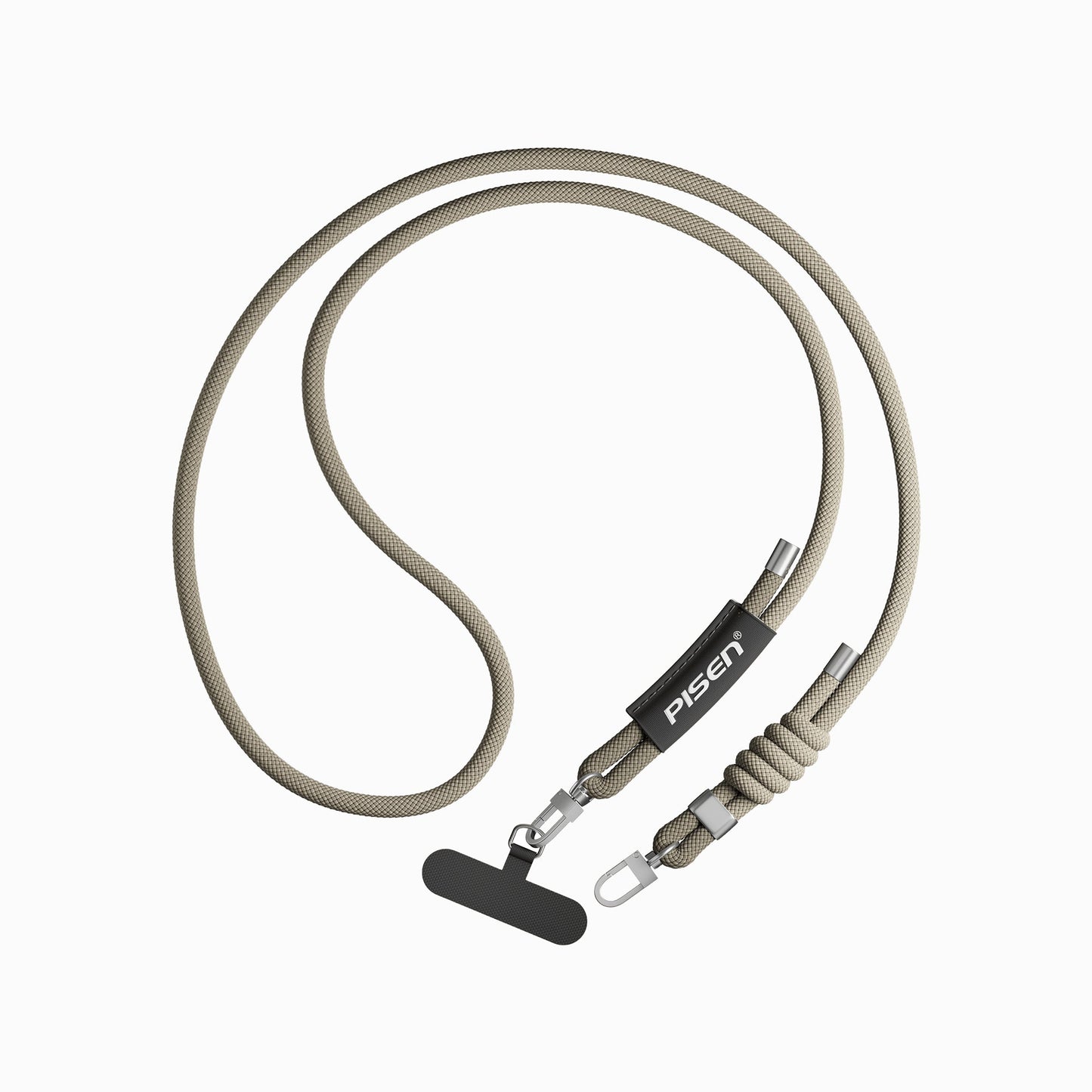 PISEN 6mm braided phone lanyard crossbody strap in khaki with zinc alloy clips and anchor patch