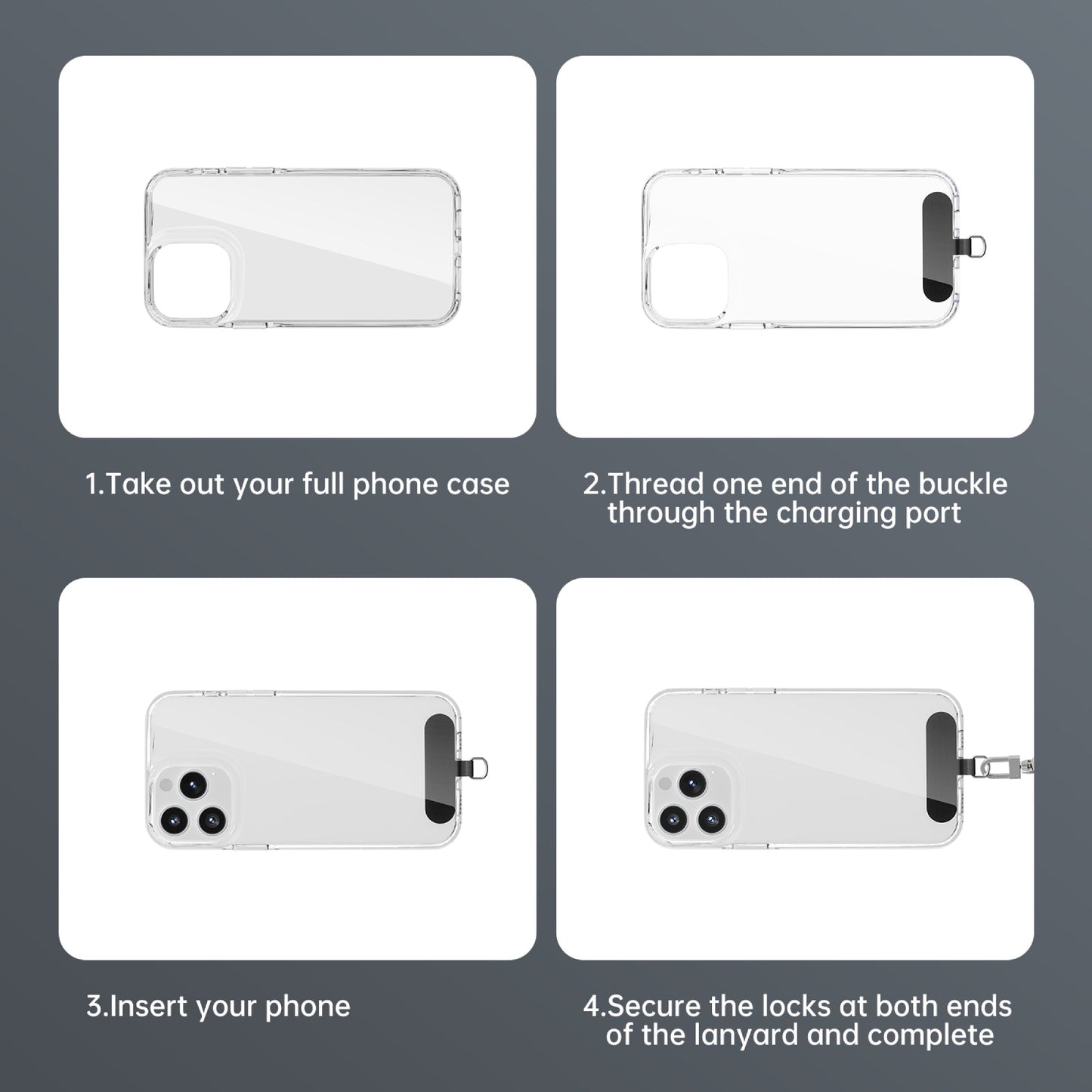 Four-step guide for installing the PISEN phone lanyard anchor patch inside a full phone case