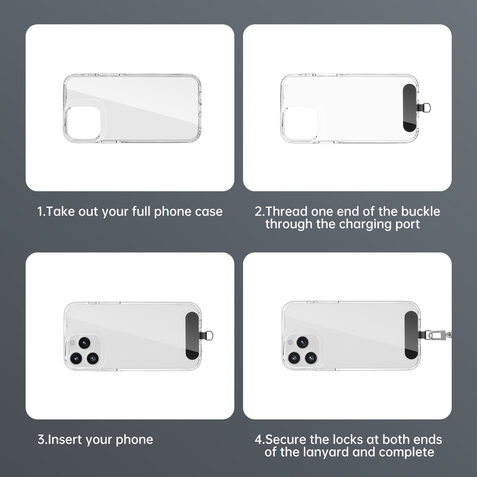 Four-step guide for installing the PISEN phone lanyard anchor patch inside a full phone case
